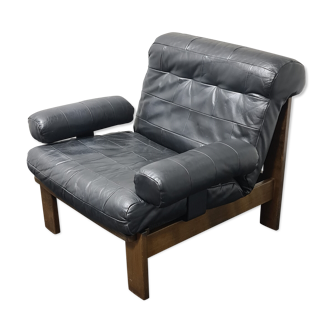 Vintage black leather patchwork and oak lounge chair