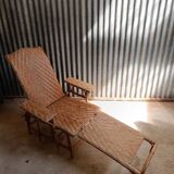 Vintage wicker and rattan chaise longue, deckchair