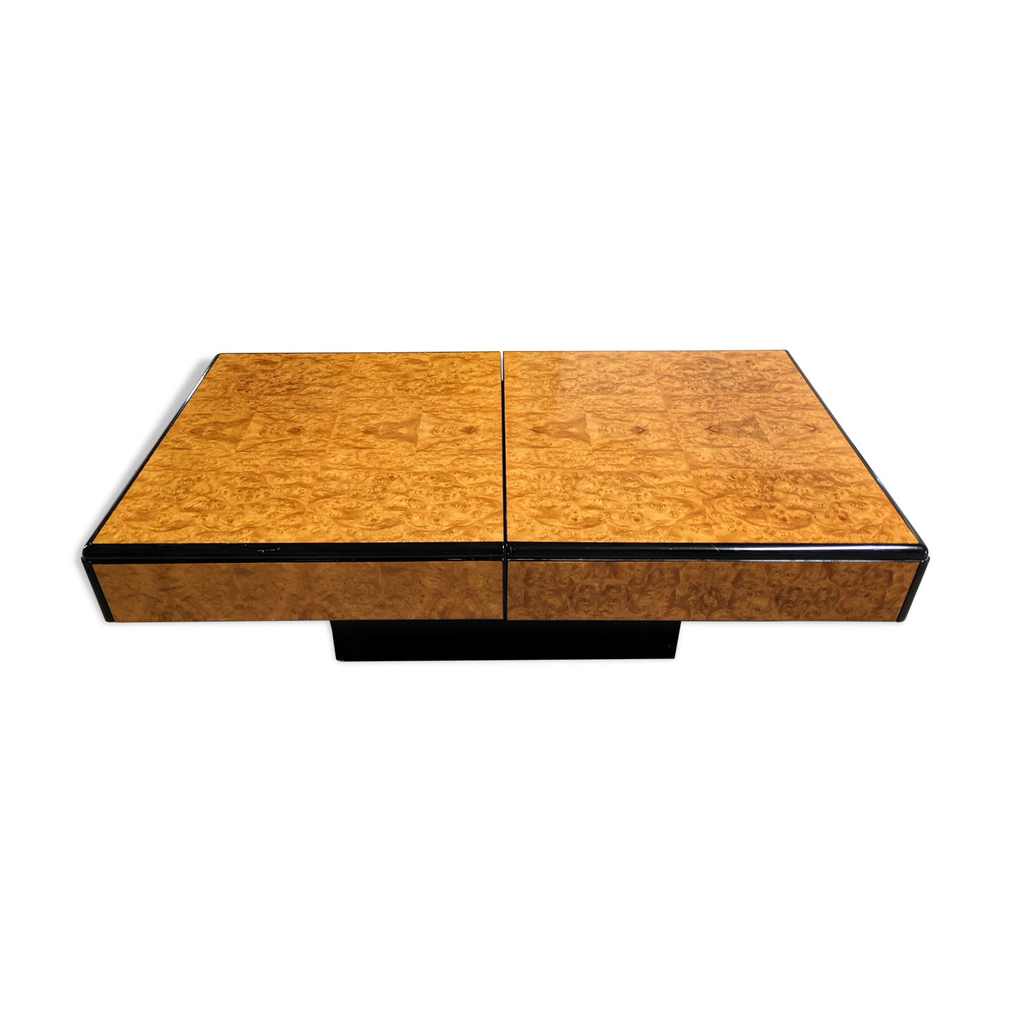 Table basse bar cocktail intégré en loupe d'orme vintage 1970