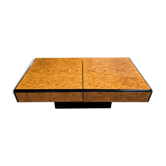 Table basse bar cocktail intégré en loupe d'orme vintage 1970