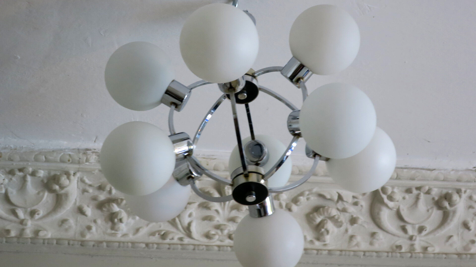 Mid century chandelier with 9 radiating milk glass globes 1970s