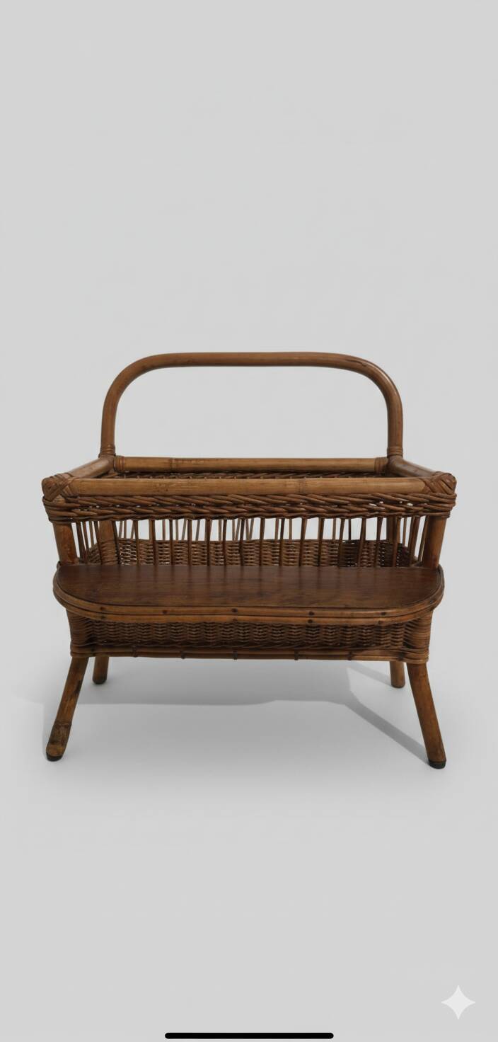 Vintage rattan magazine rack with side shelf - Bohemian style