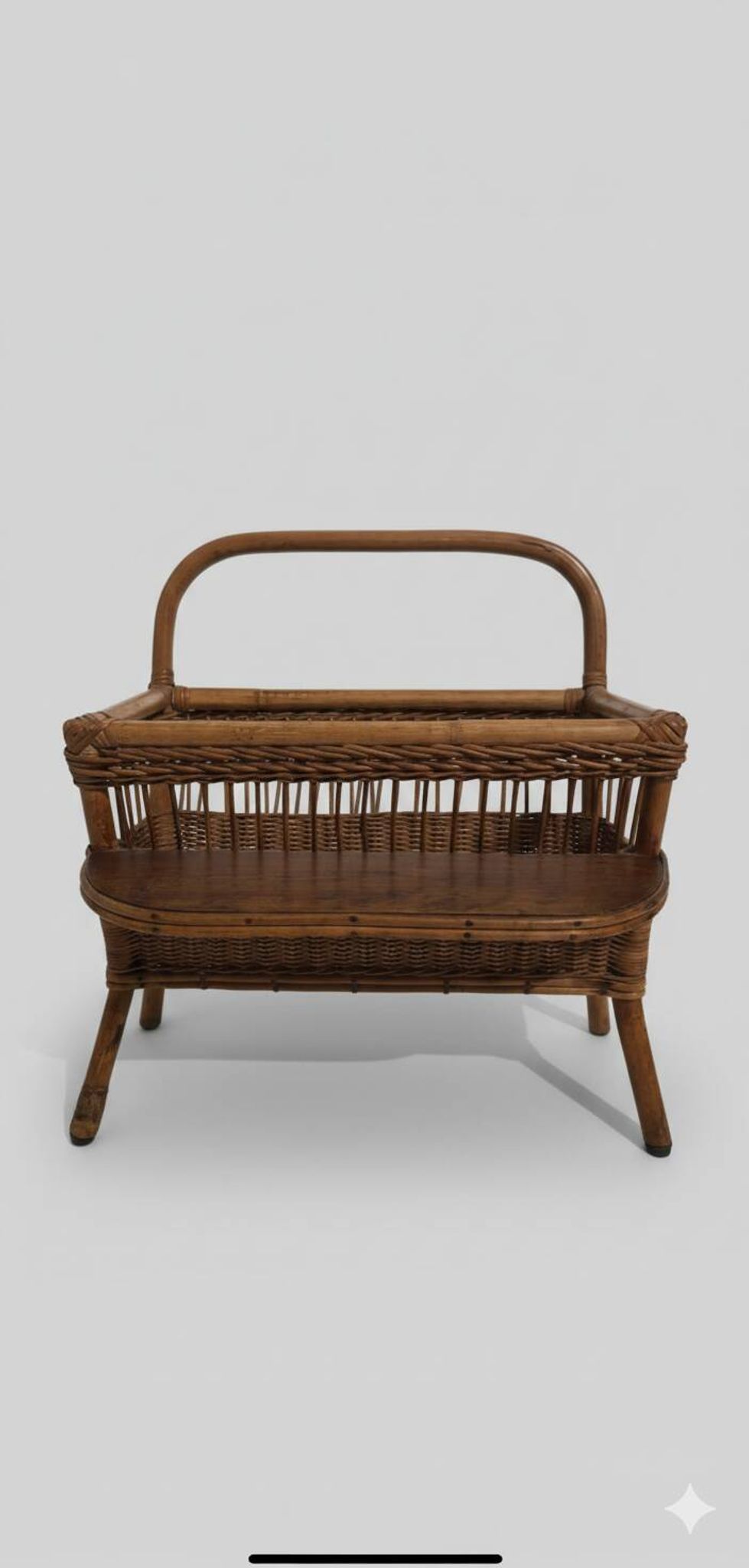 Vintage rattan magazine rack with side shelf - Bohemian style