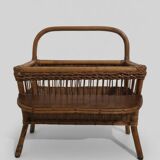 Vintage rattan magazine rack with side shelf - Bohemian style