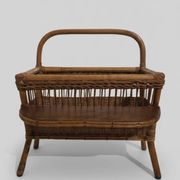 Vintage rattan magazine rack with side shelf - Bohemian style
