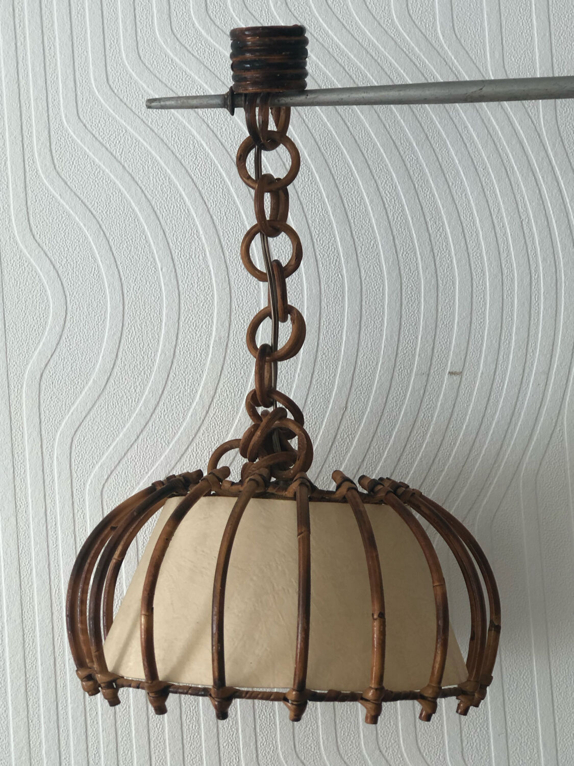 Vintage rattan pendant lamp with paper lampshade