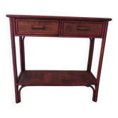 Vintage - Belle console 2 tiroirs - en bois et rotin tressé - teinte acajou - années 80