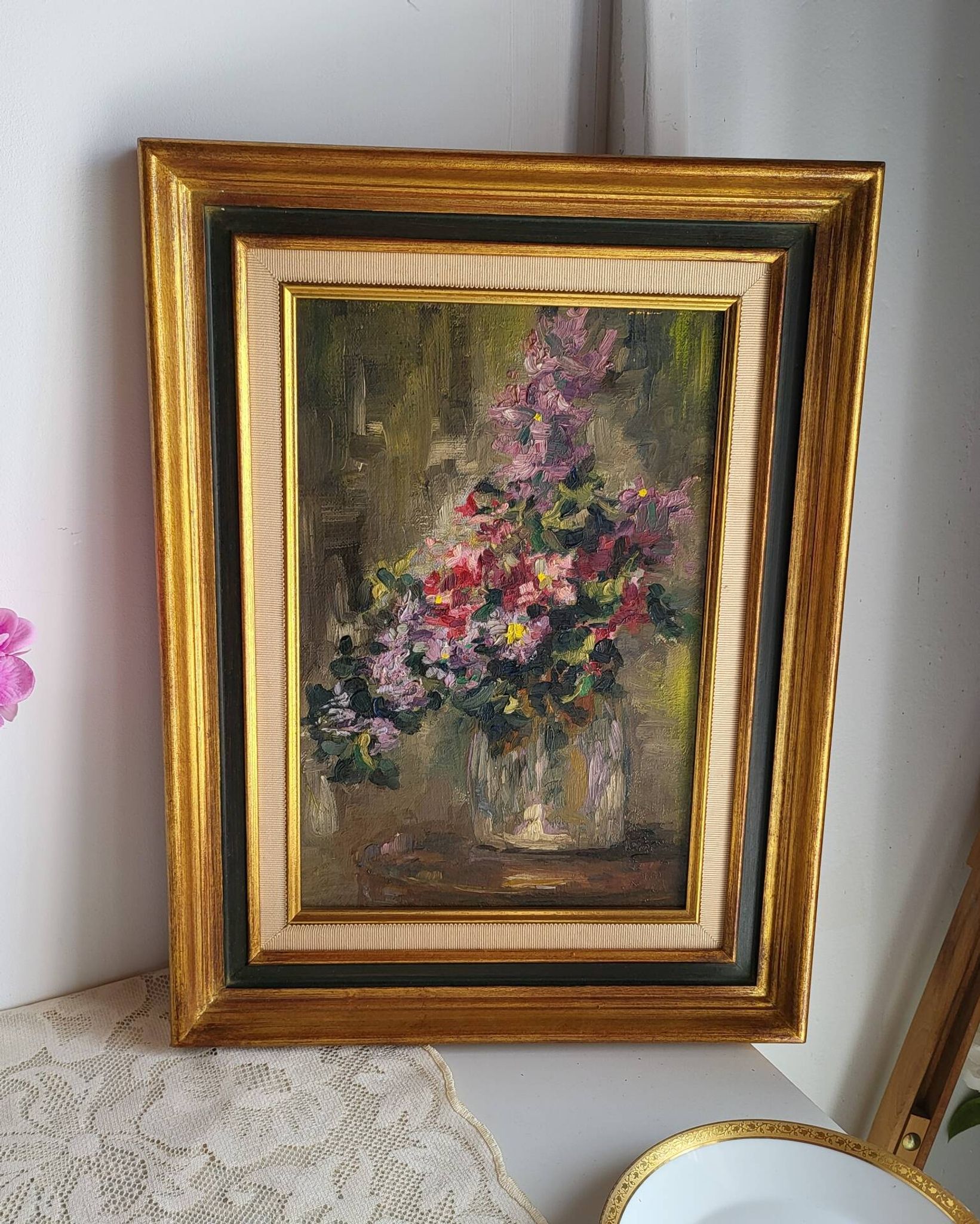 Still Life with Flower Bouquet Oil on Canvas Wooden Frame