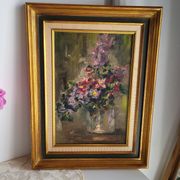 Still Life with Flower Bouquet Oil on Canvas Wooden Frame