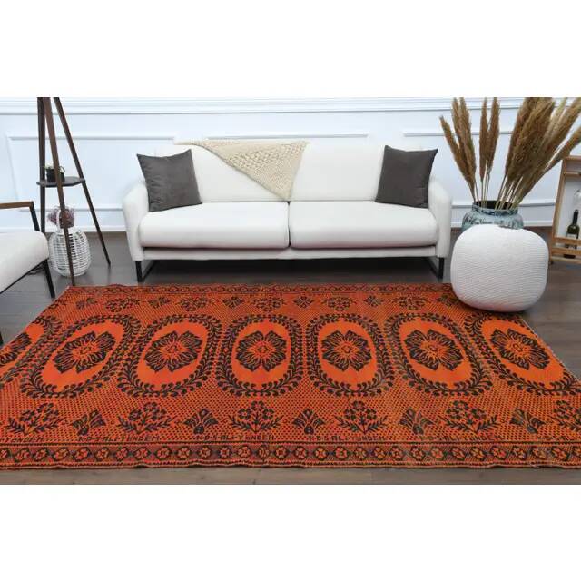 1970s Vintage Turkish Oushak Handmade Wool Cotton Orange Area Rug 186x272