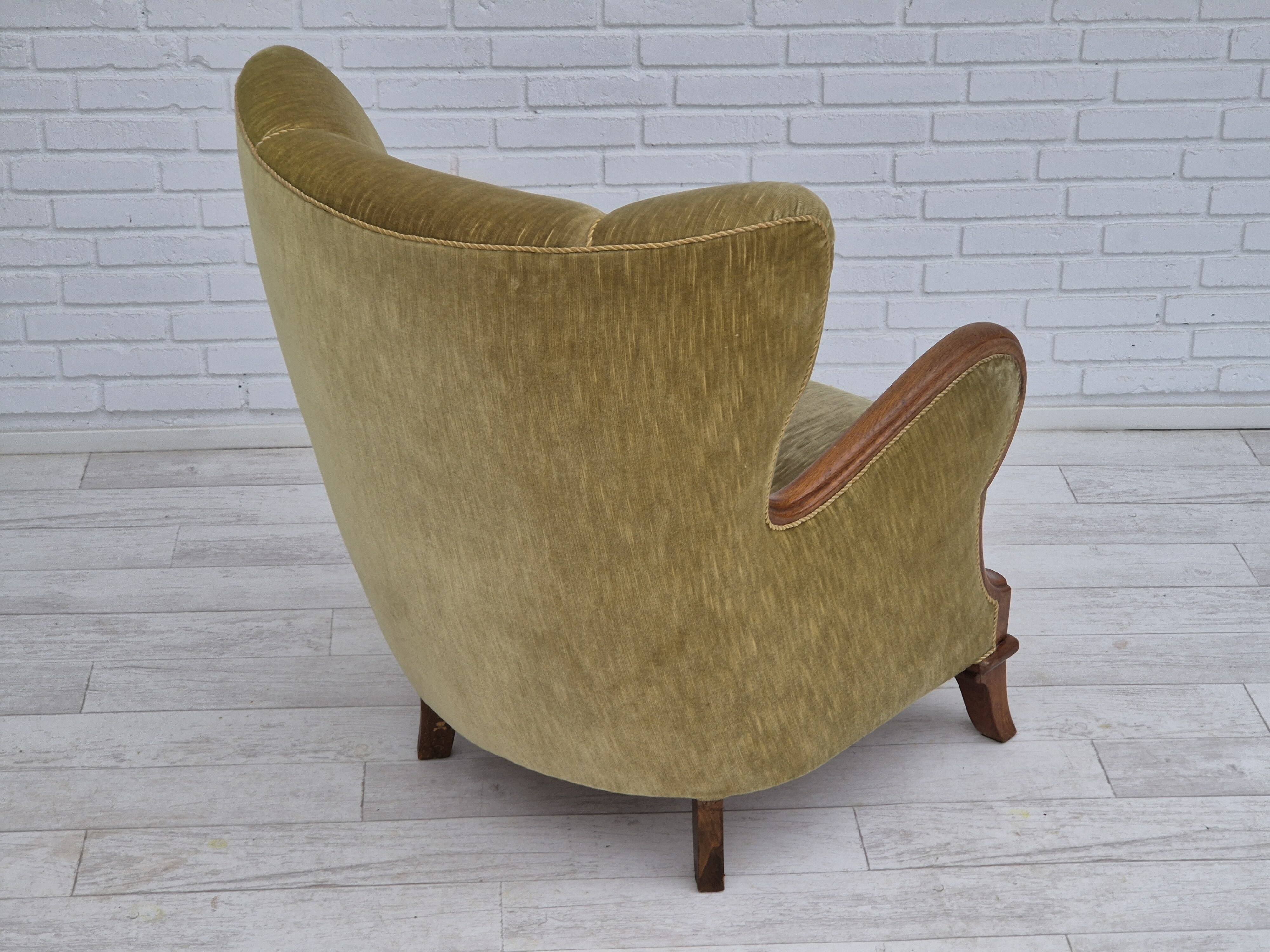 1960s, Danish armchair in original very good condition, furniture velour, oak wood.