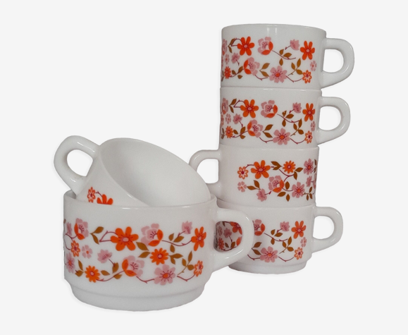Ensemble de 6 tasses Arcopal modèle Scania - décor fleuri - vintage 1970