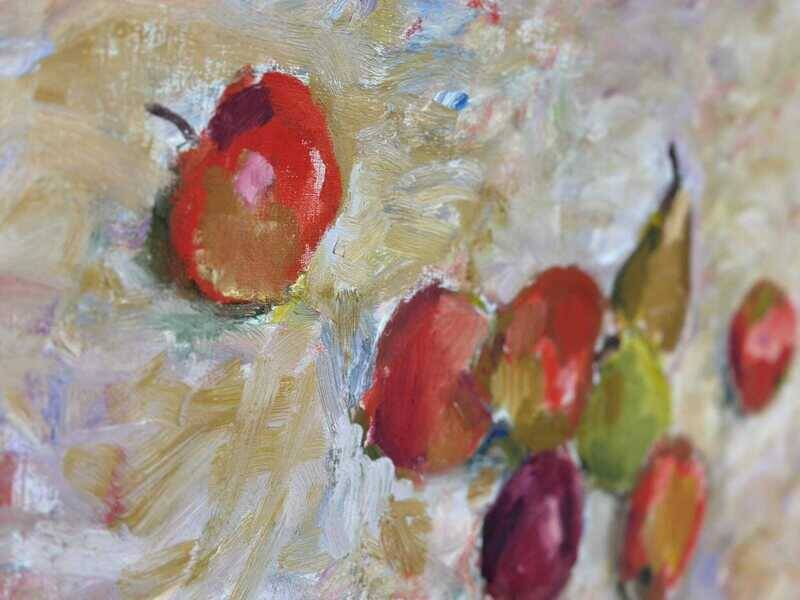 Original Swedish oil on canvas – “Frukt” by Bente Bjerregaard – dated 1989 – vintage & framed 59 × 70 cm