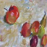 Original Swedish oil on canvas – “Frukt” by Bente Bjerregaard – dated 1989 – vintage & framed 59 × 70 cm