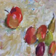 Original Swedish oil on canvas – “Frukt” by Bente Bjerregaard – dated 1989 – vintage & framed 59 × 70 cm