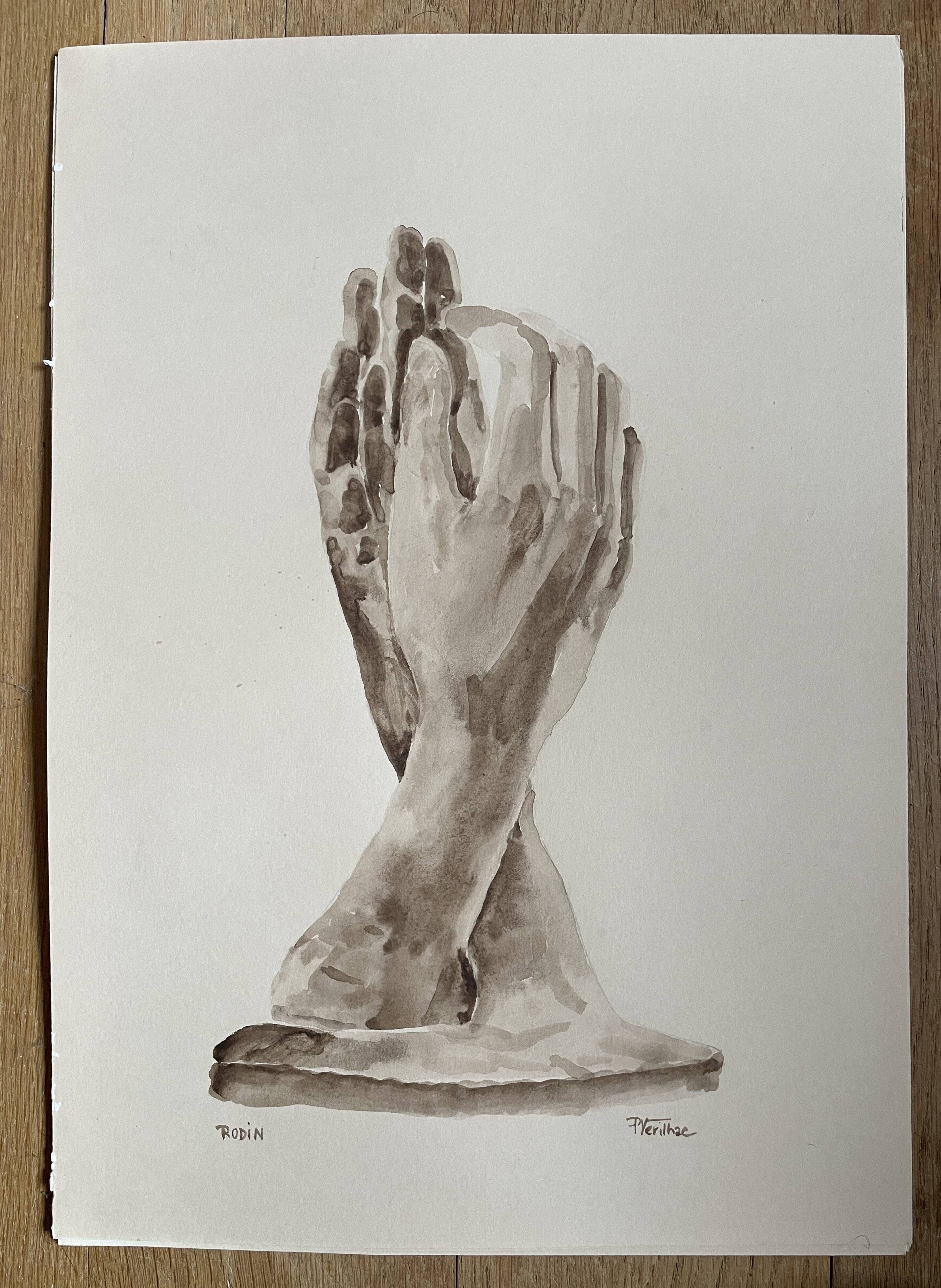 Painting signed watercolor monochrome sepia study statue “Rodin’s Cathedral”