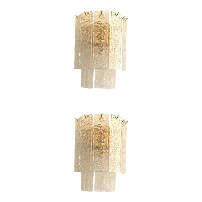 Pair of Contemporary Hammered Strips ”Listelli” Murano Glass Gold Wall Sconces by Simoeng