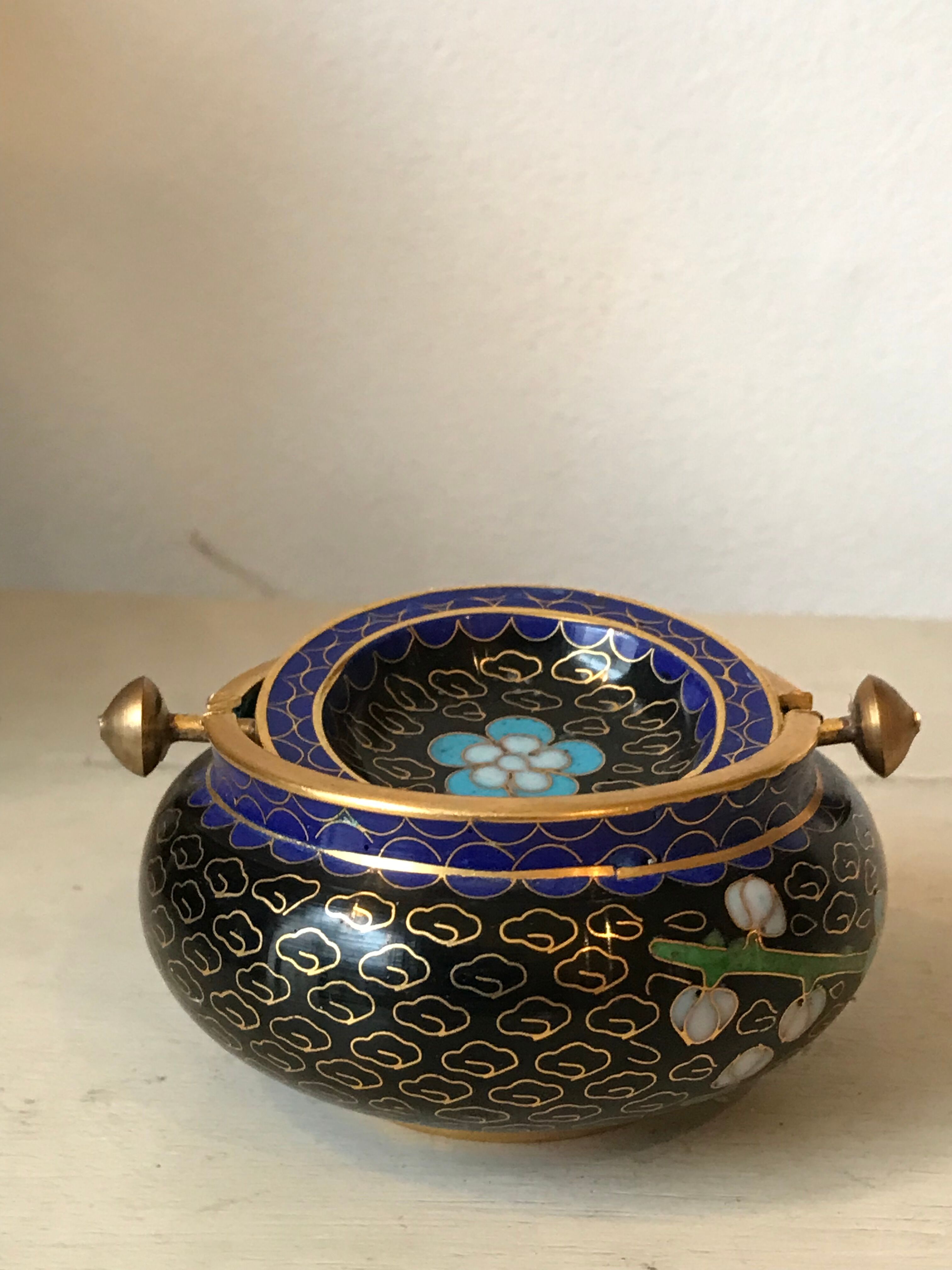 Ashtray burns incense in bronze enamelled floral decoration forget-me-not tones blue and black