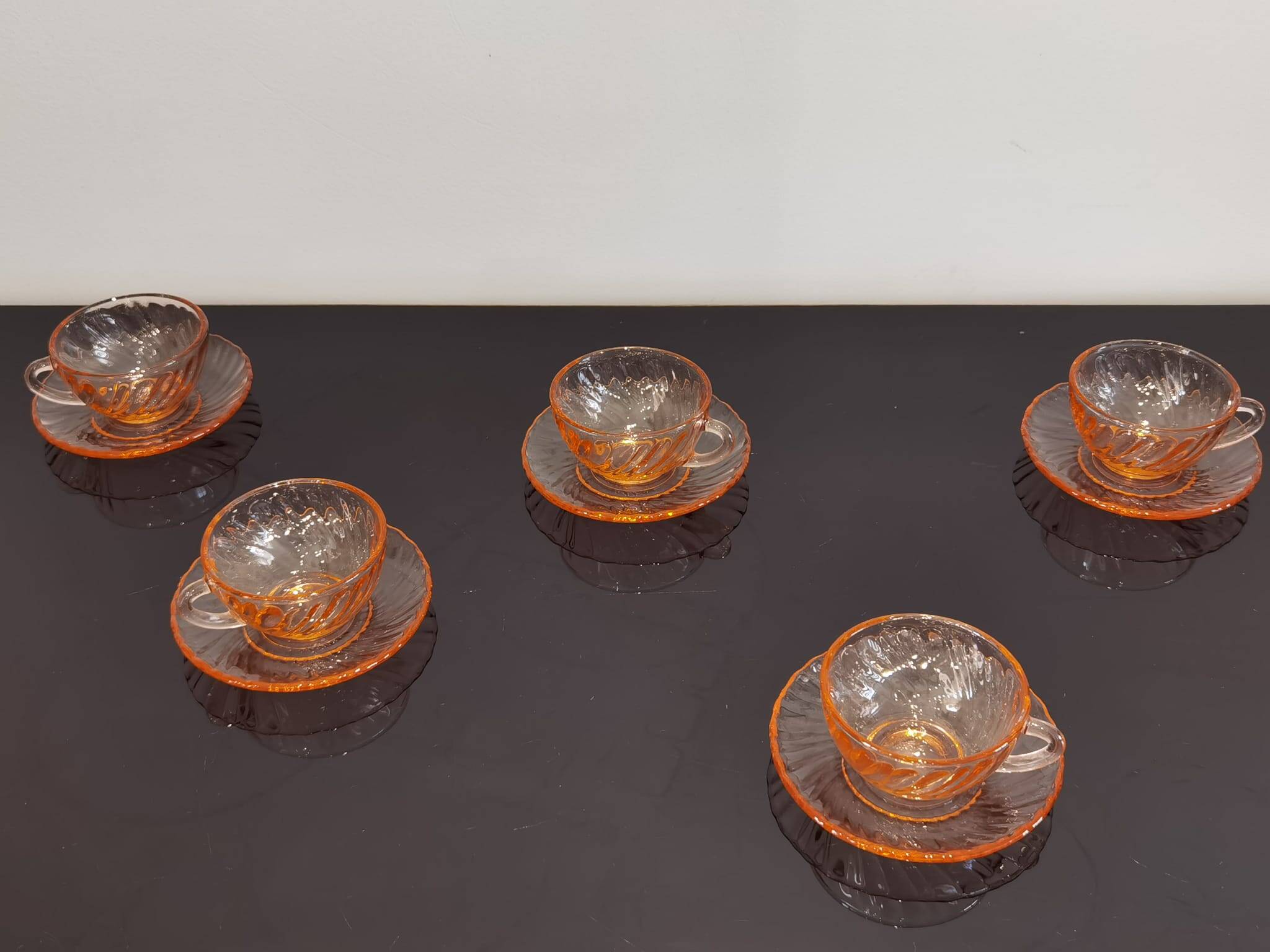 5 Rosaline Arcoroc twisted pink glass cups and saucers