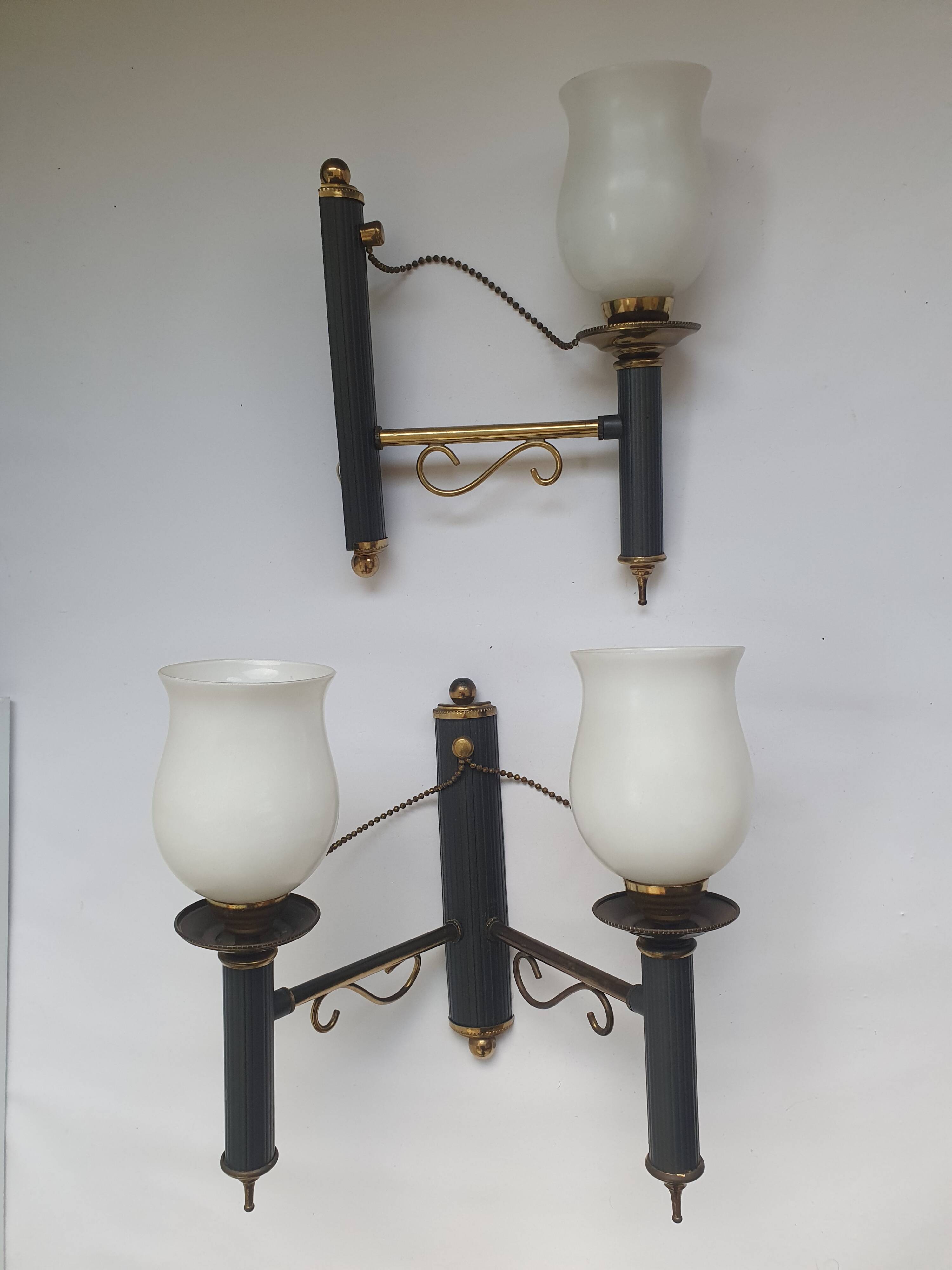 Paire d'appliques murales flambeau noir style Empire maison Lunel années 50