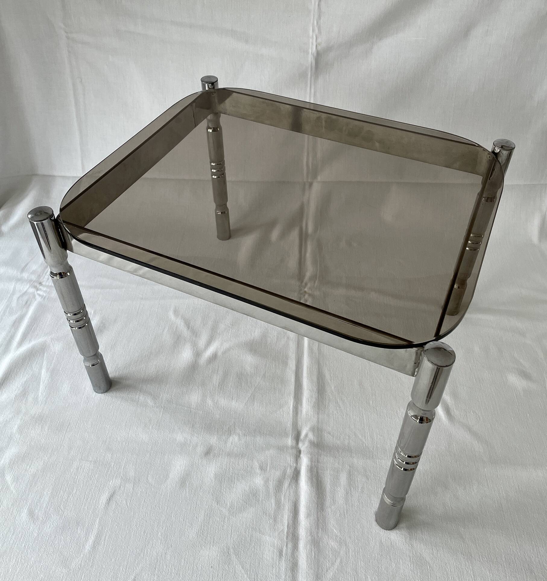 Vintage coffee table in chrome metal and smoked glass