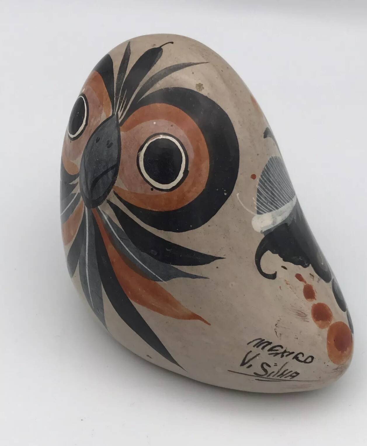 Painted ceramic owl from Mexico signed v.silva