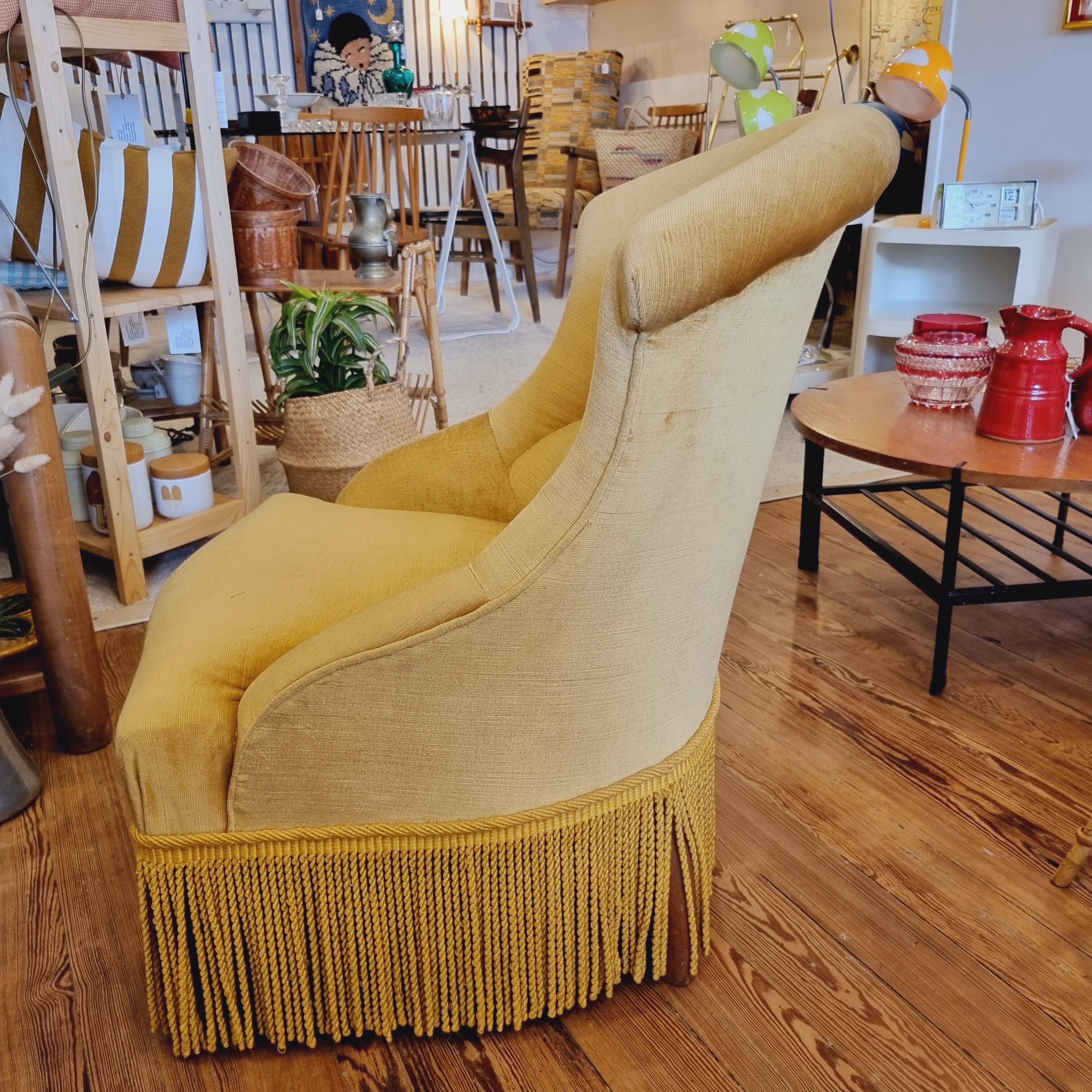 Golden yellow velvet toad armchair