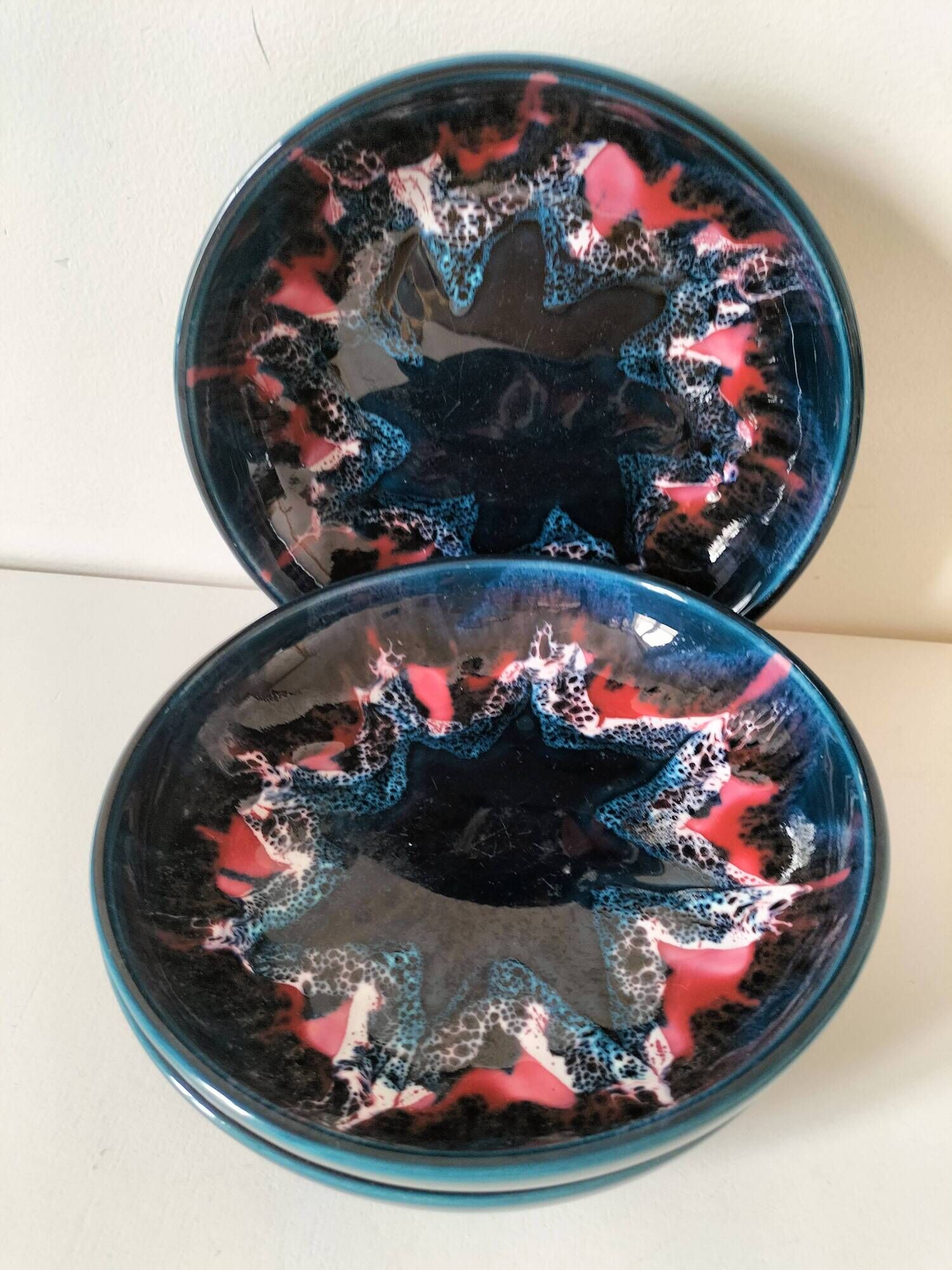 3 glazed ceramic deep plates – 1960s/70s