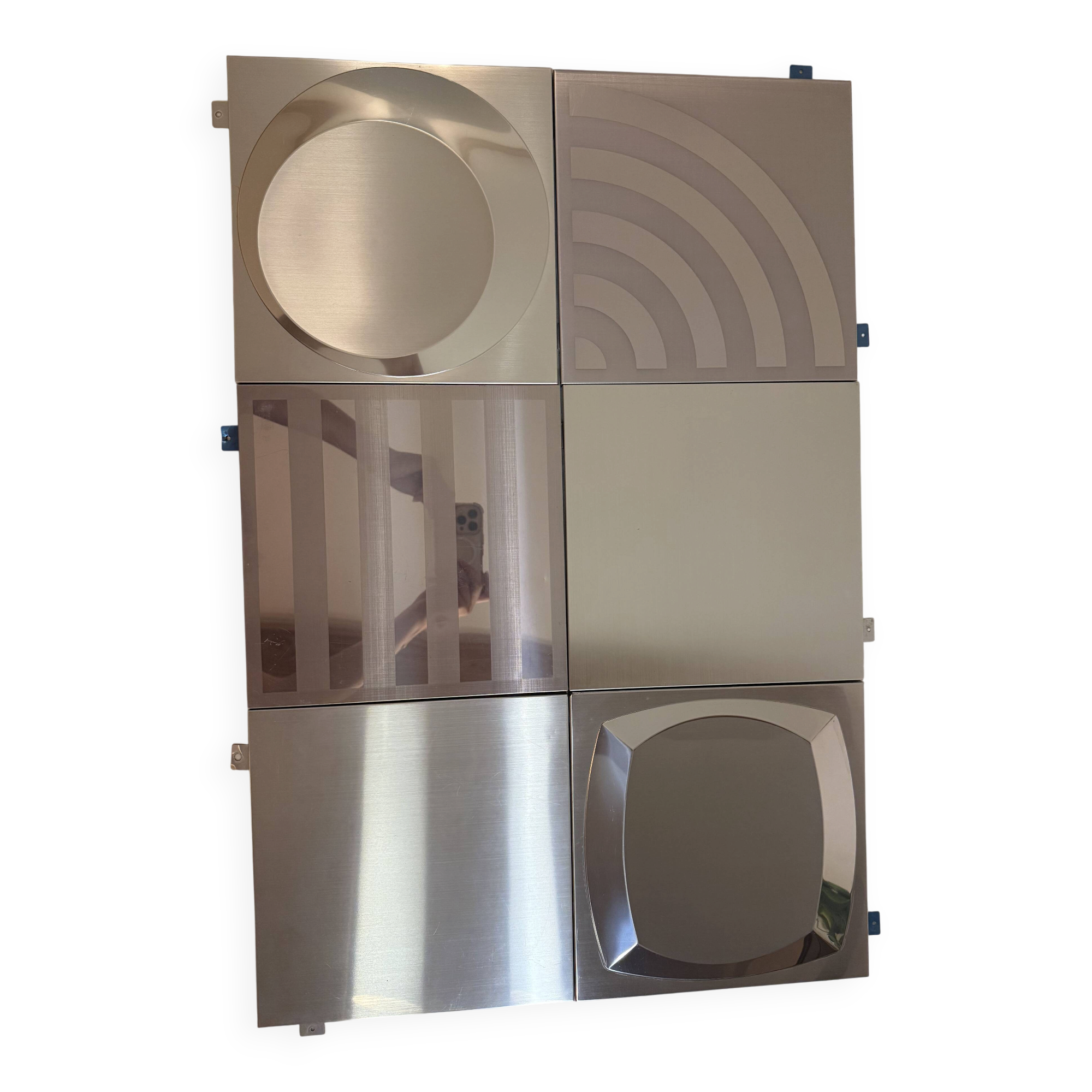 Set of 6 Space Age wall plaques, made of metal, geometric patterns.