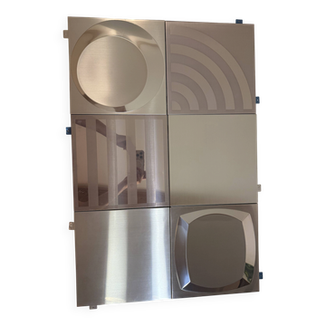 Set of 6 Space Age wall plaques, made of metal, geometric patterns.