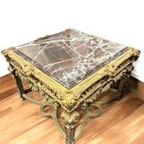 Large Square Louis XV Style Table in Carved Gilded Beech and Brown Marble