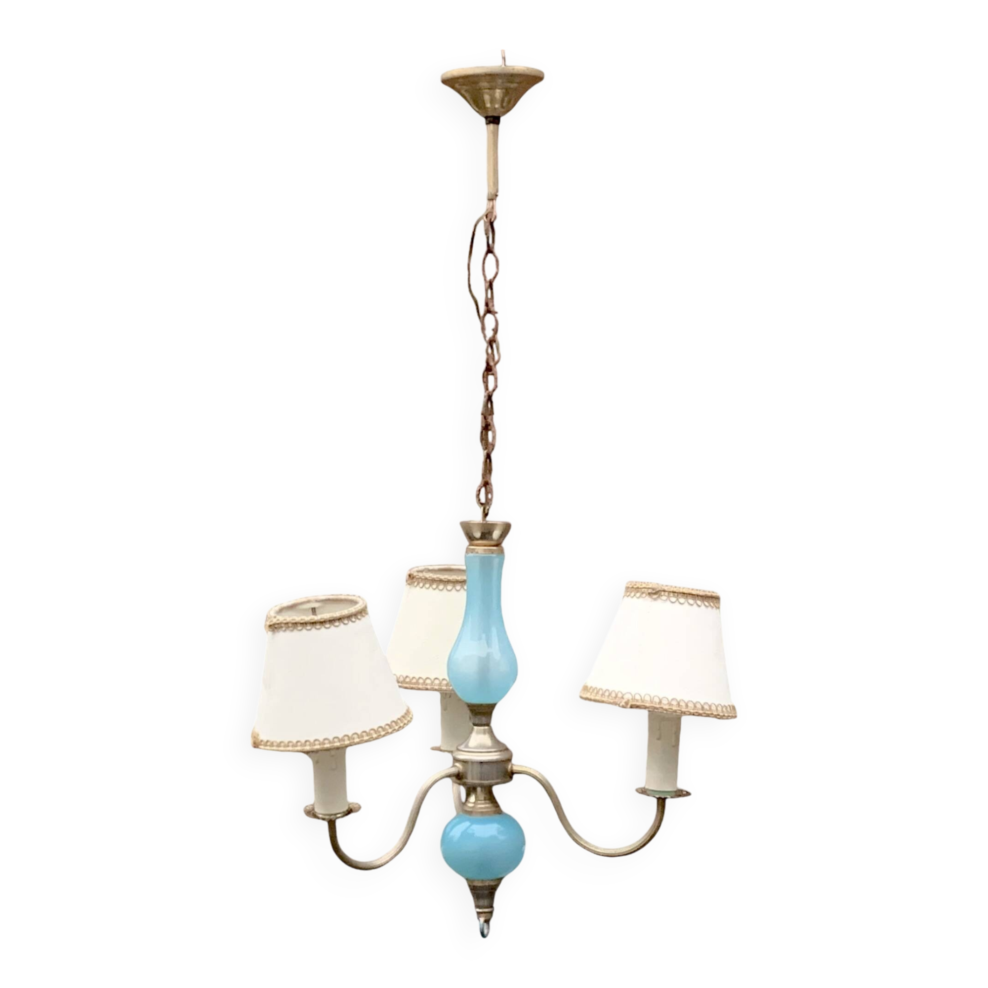 Turquoise opaline and vintage metal chandelier - 3 arms