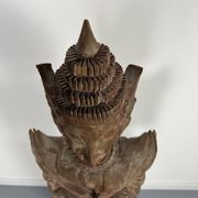 Large carved wooden statuette of a kinaree worshipping a devi. Thailand