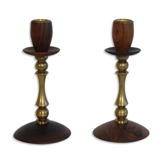 Pair of Danish candle holders in brass and rosewood 1960