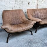 Sofa set with 2 armchairs and coffee table in banbou and leather 1970