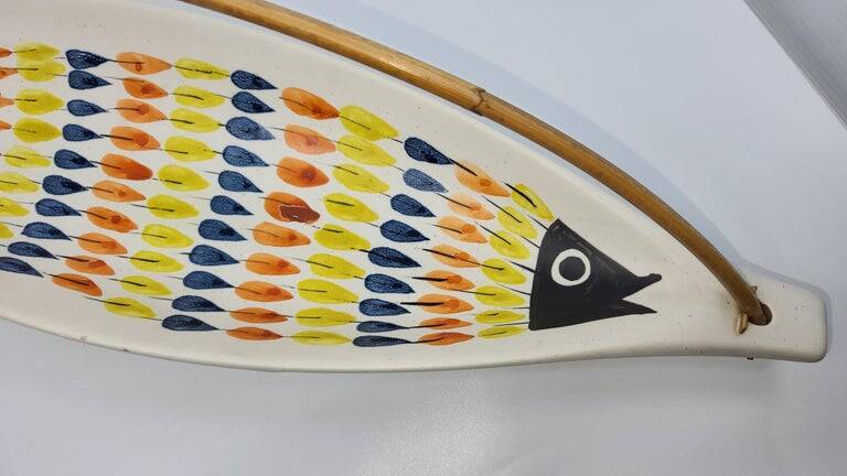 French ceramic empty pocket cup, Roger Capron, fish decoration Vallauris 1950