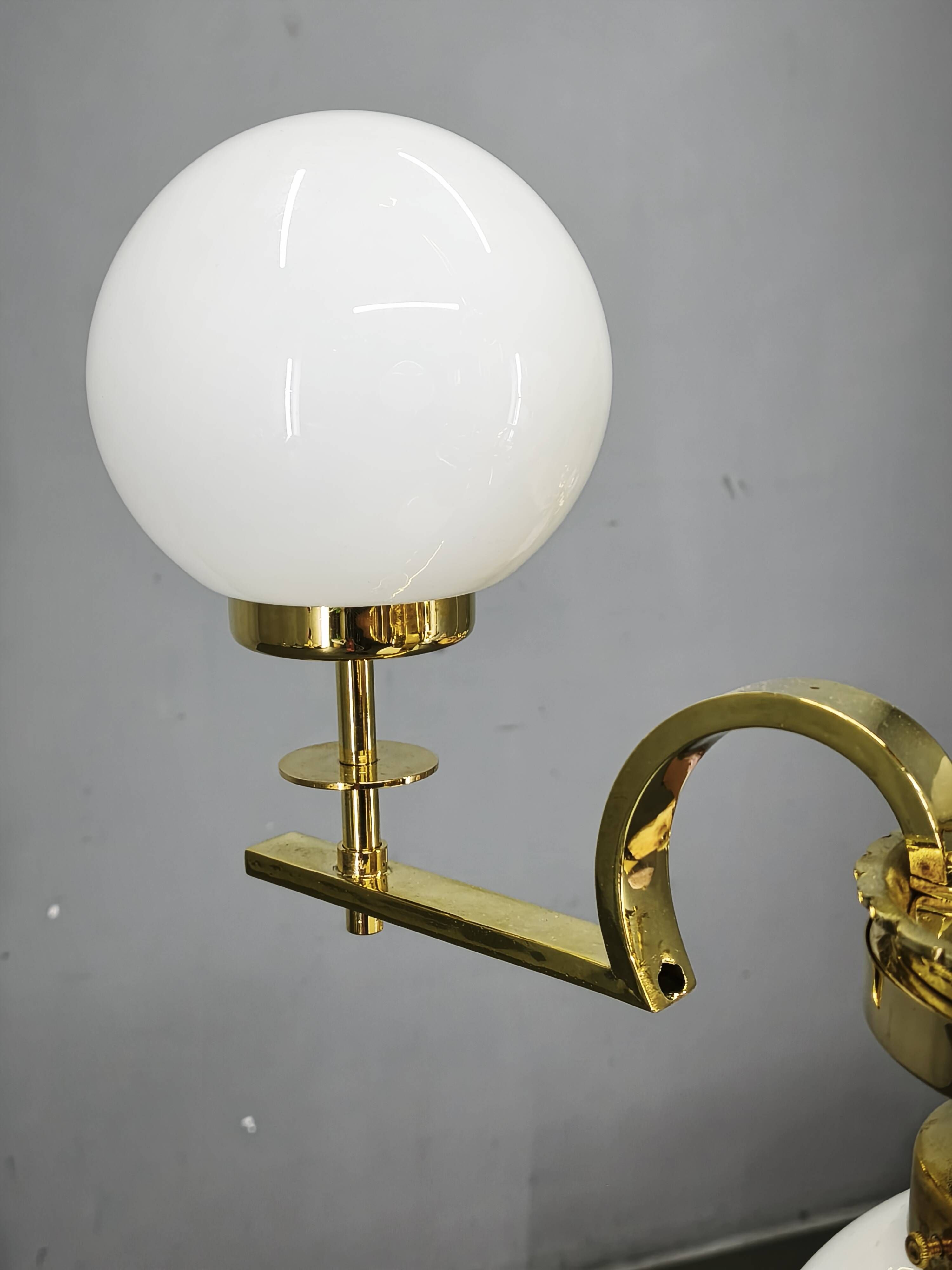 1930s Art Deco Brass and Opaline Glass Globe Chandelier, Czechoslovakia