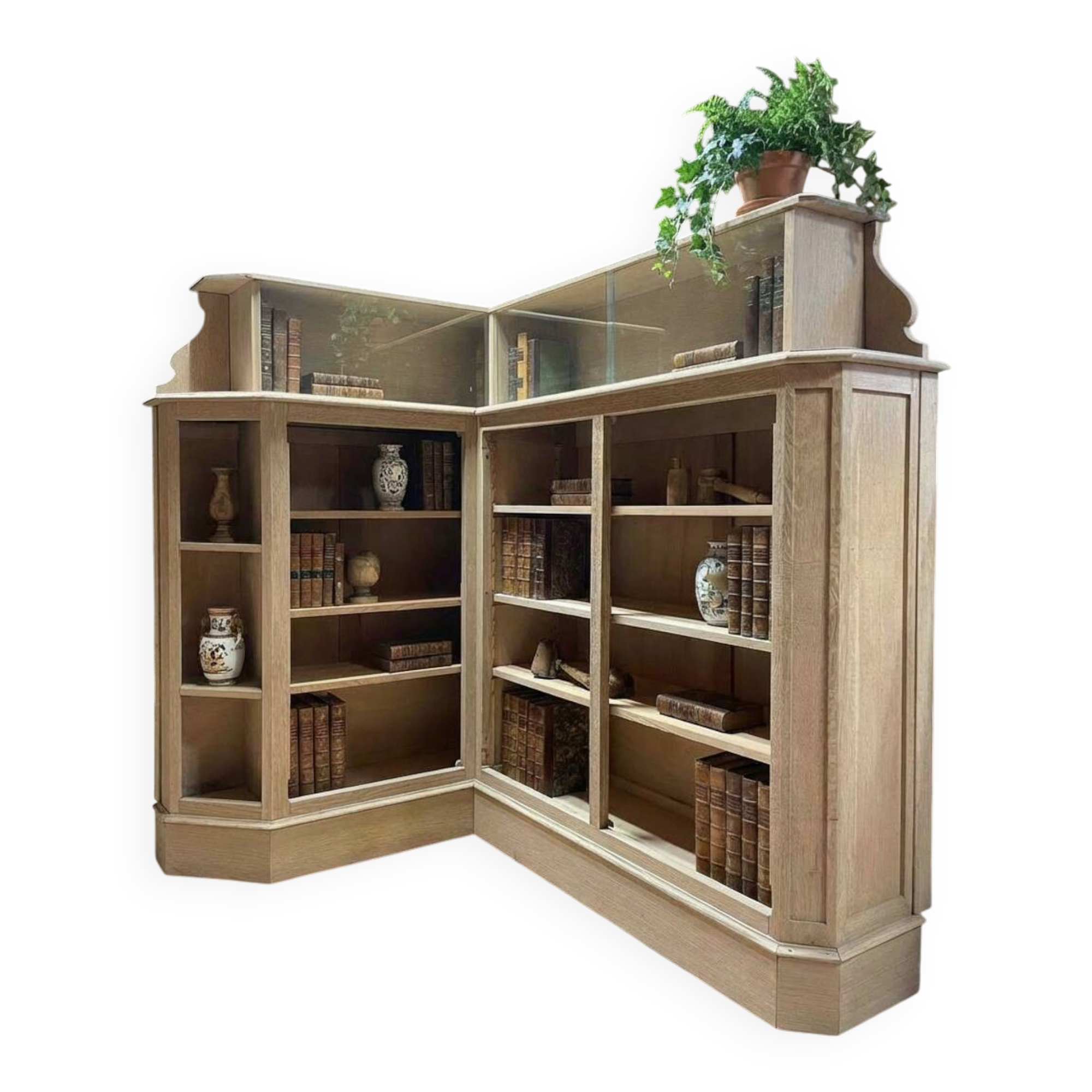 Meuble de métier ancien d’angle en chêne – bibliothèque / meuble de ra