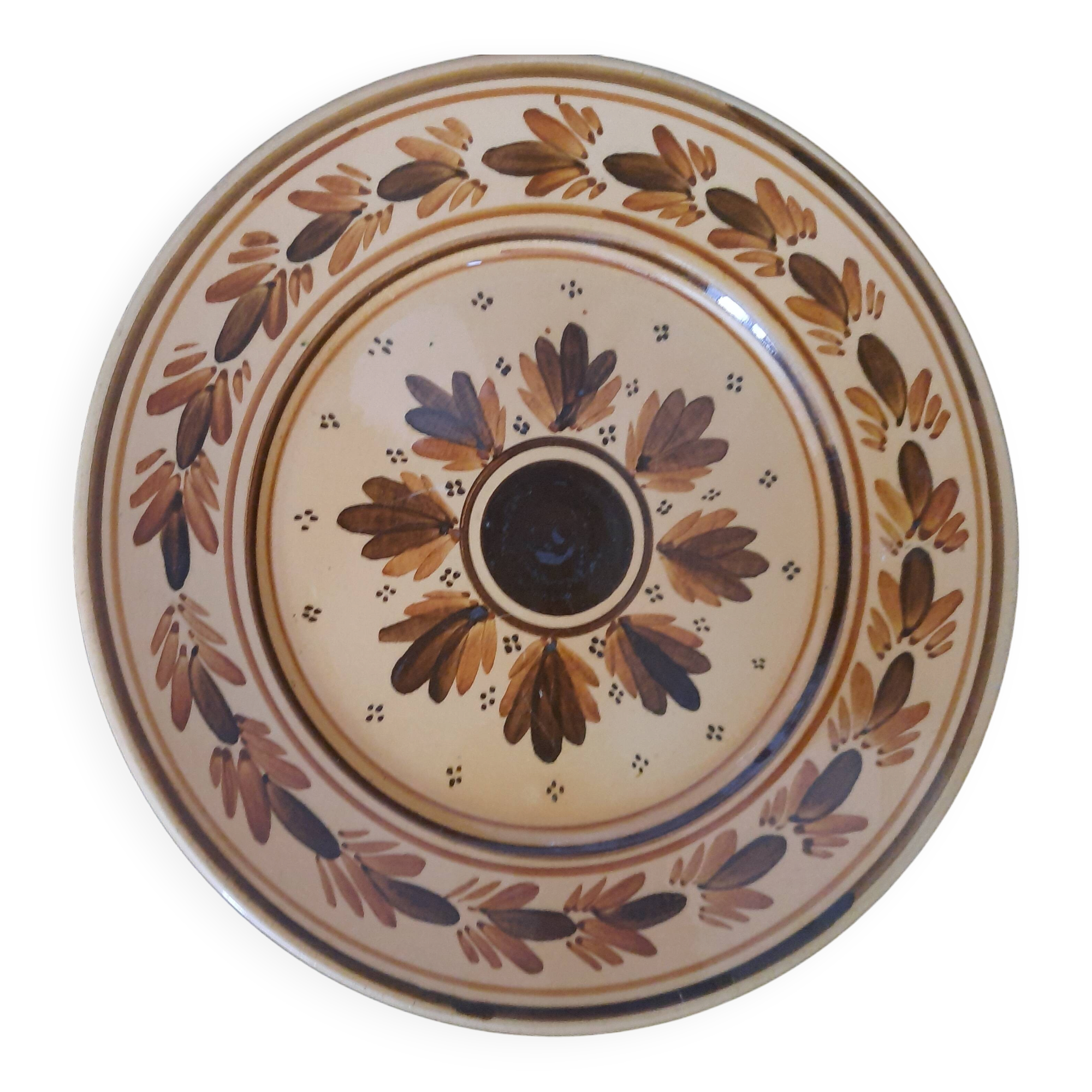 Old HB Quimper Plate Ceramic Geometric Floral Design Brown Yellow