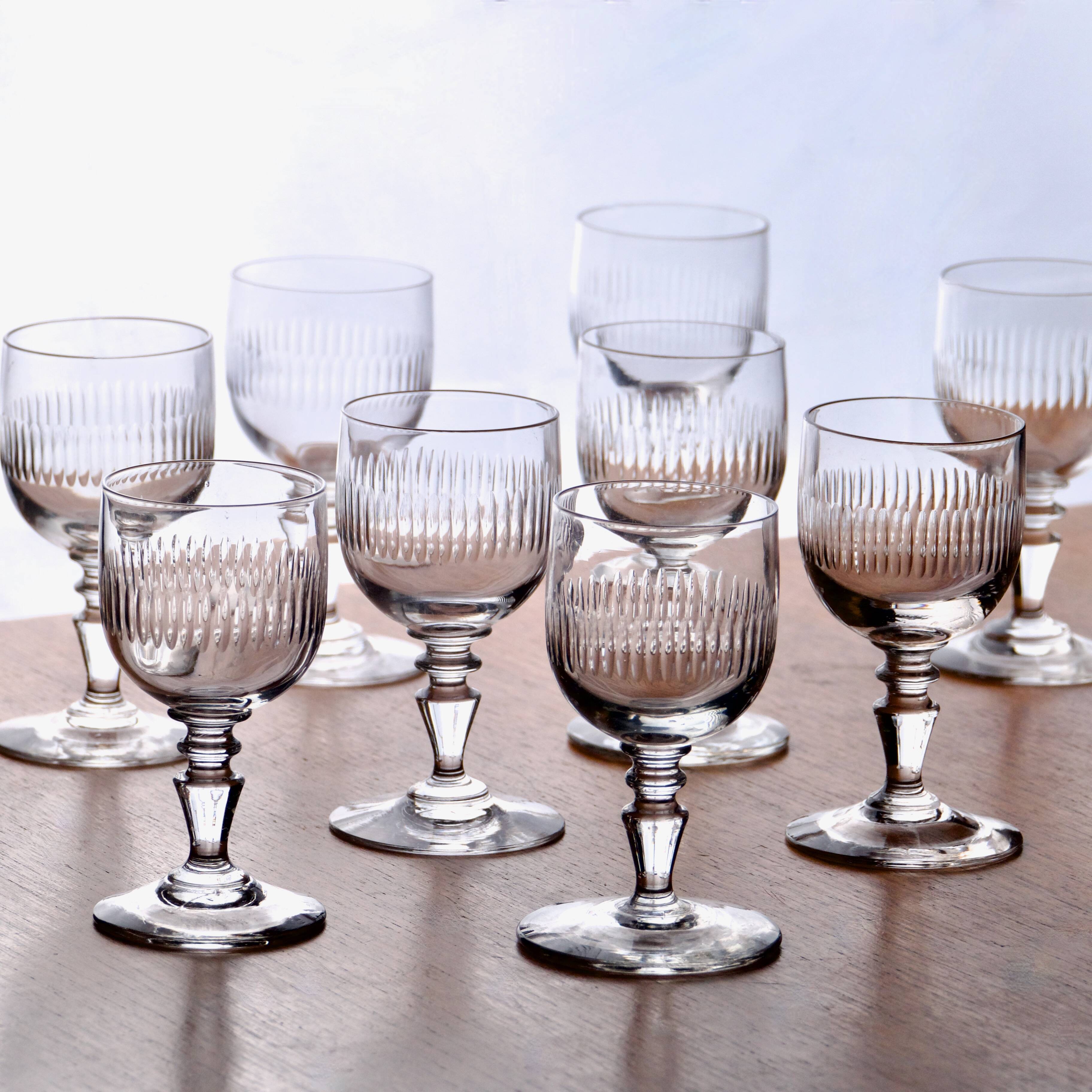 Antique 19th century mouth-blown glasses with gadroon carving