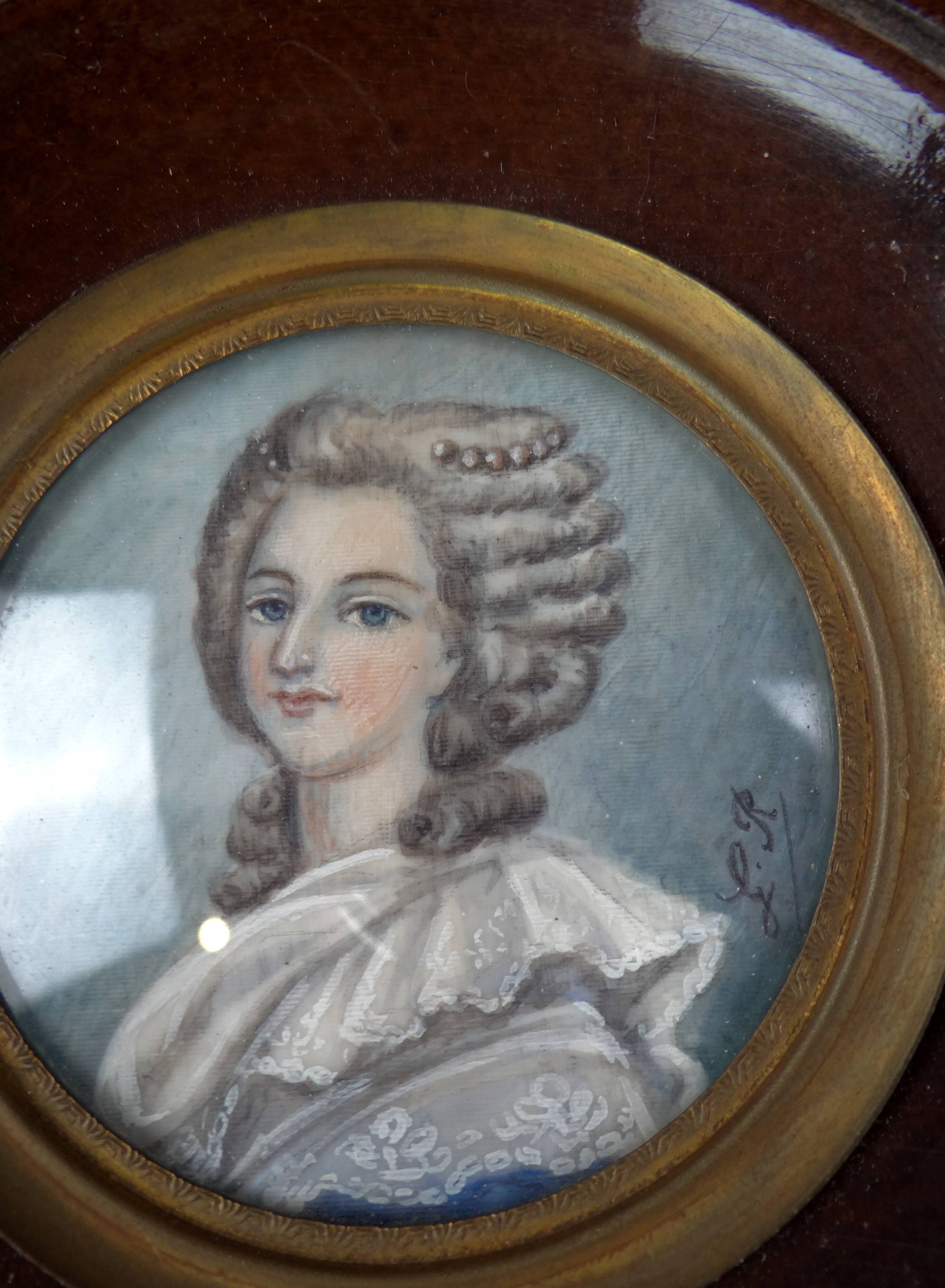 Framed 19th-century miniature gouache portrait of an aristocratic woman