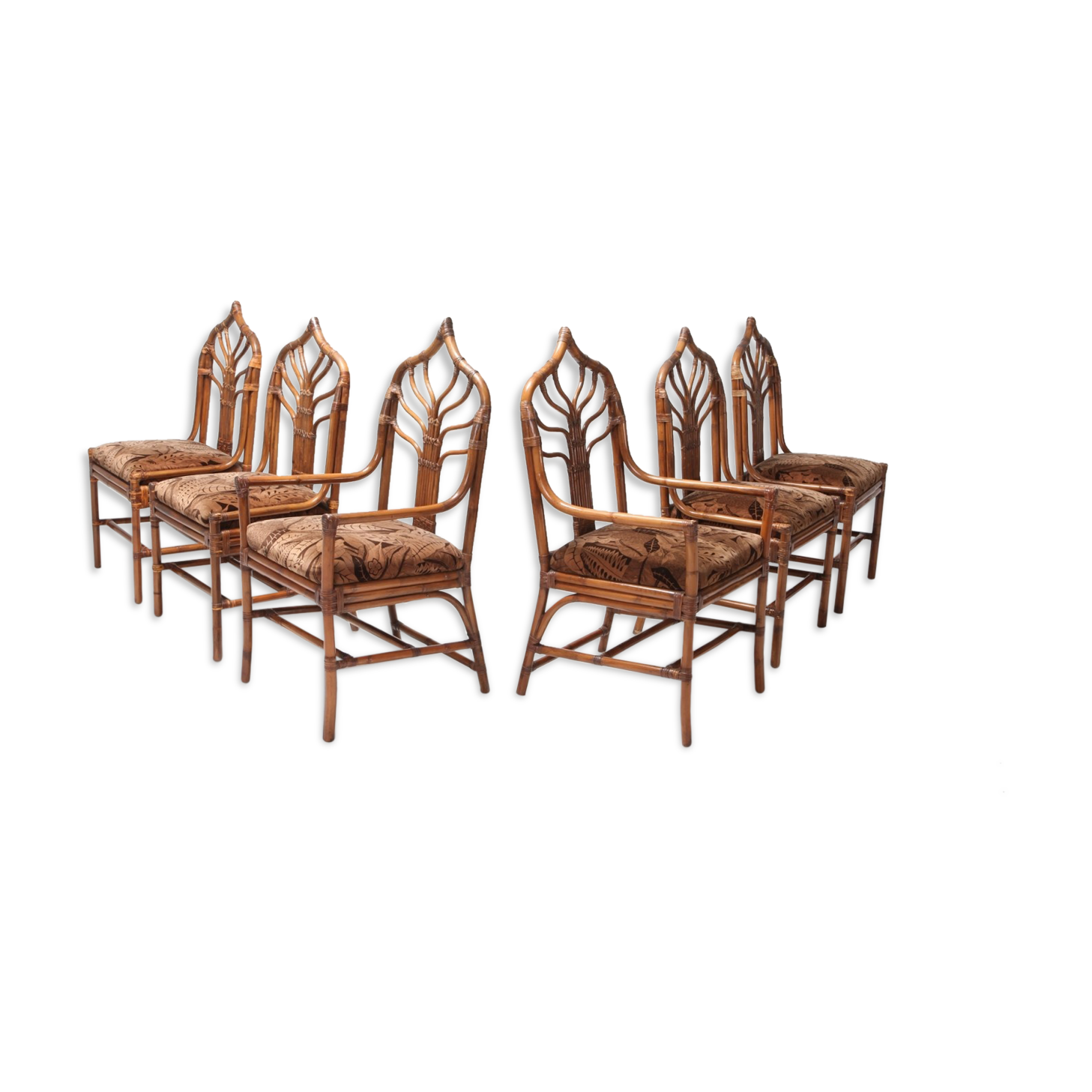 Set of bamboo lounge chairs with Italian 1960 floral cushions