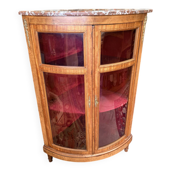 Vitrine d’angle ancienne Napoléon III en marqueterie et marbre - XIXe