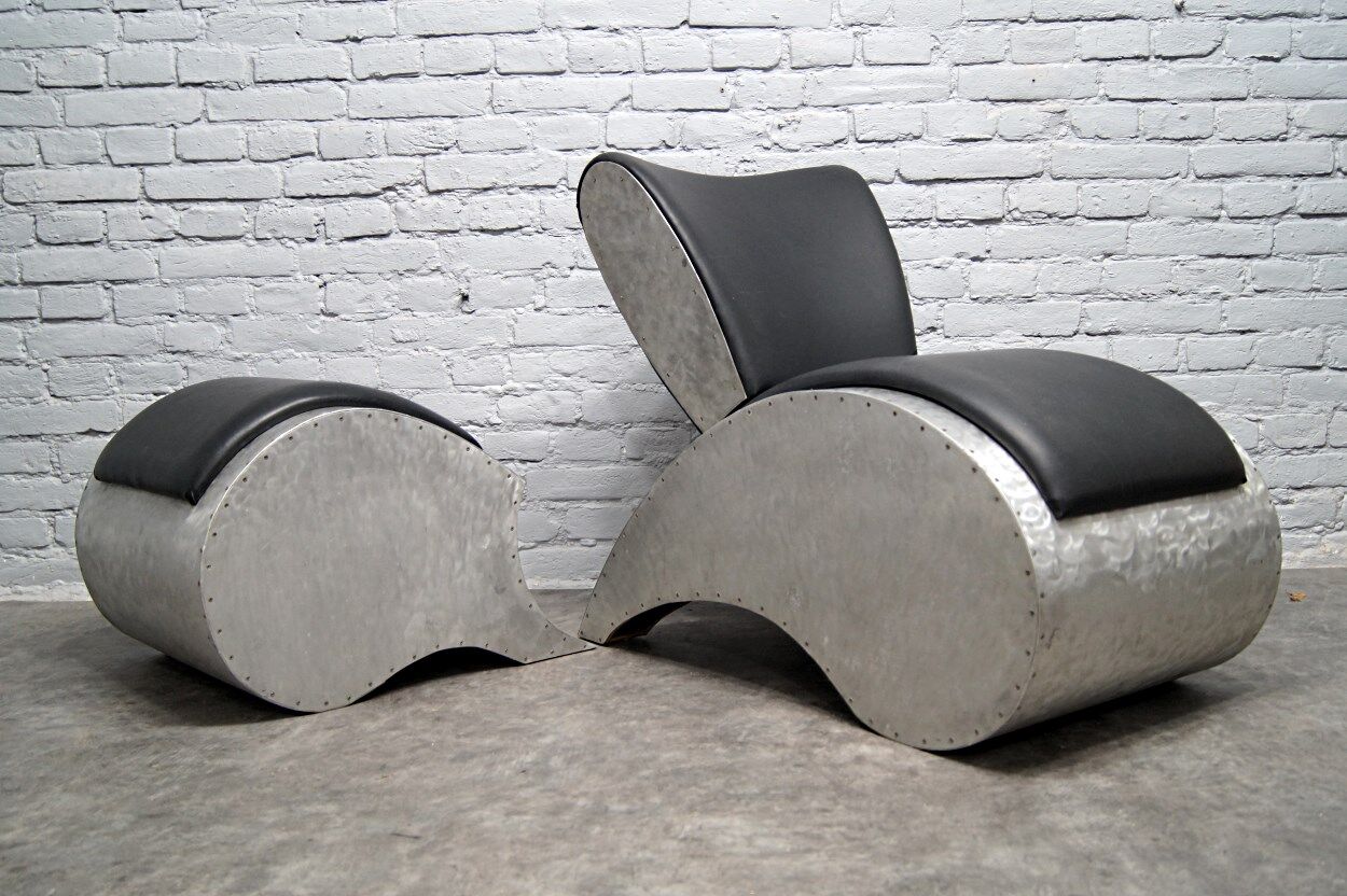 Industrial aluminum & vinyl lounge chair with footrest, 1970s