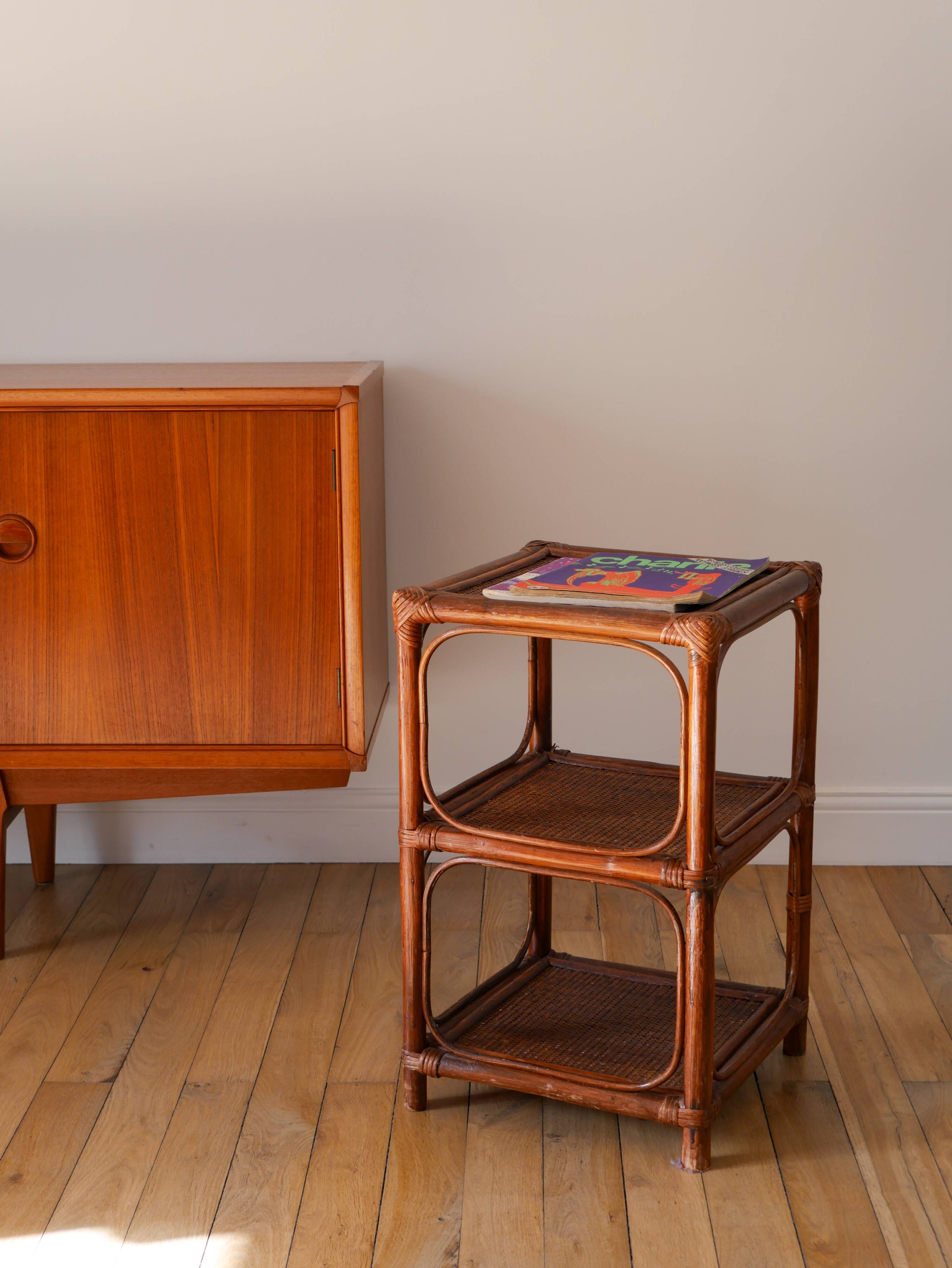 Brown rattan and canework side table, 1970