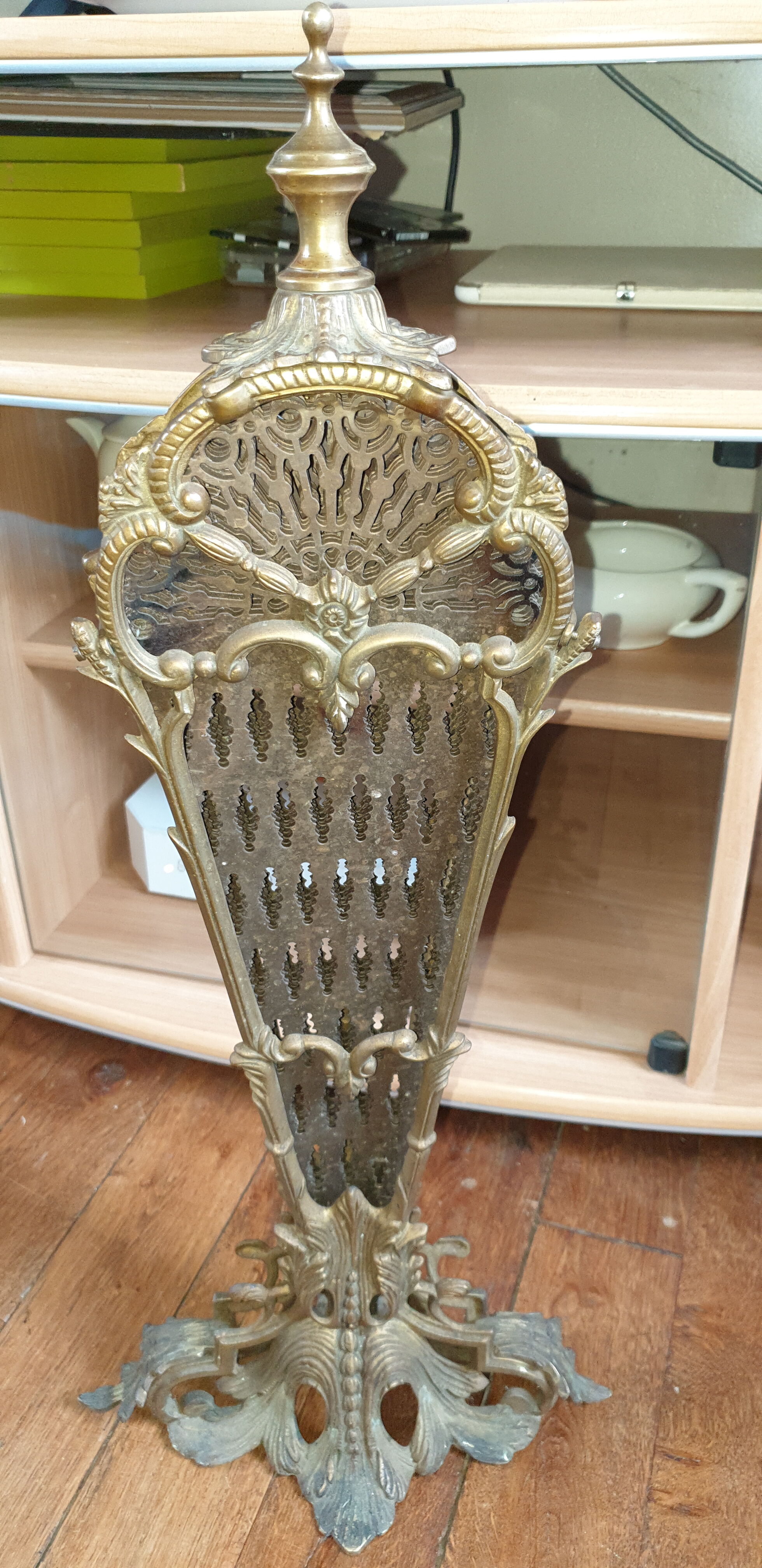 Bronze and brass peacock fan fire screen