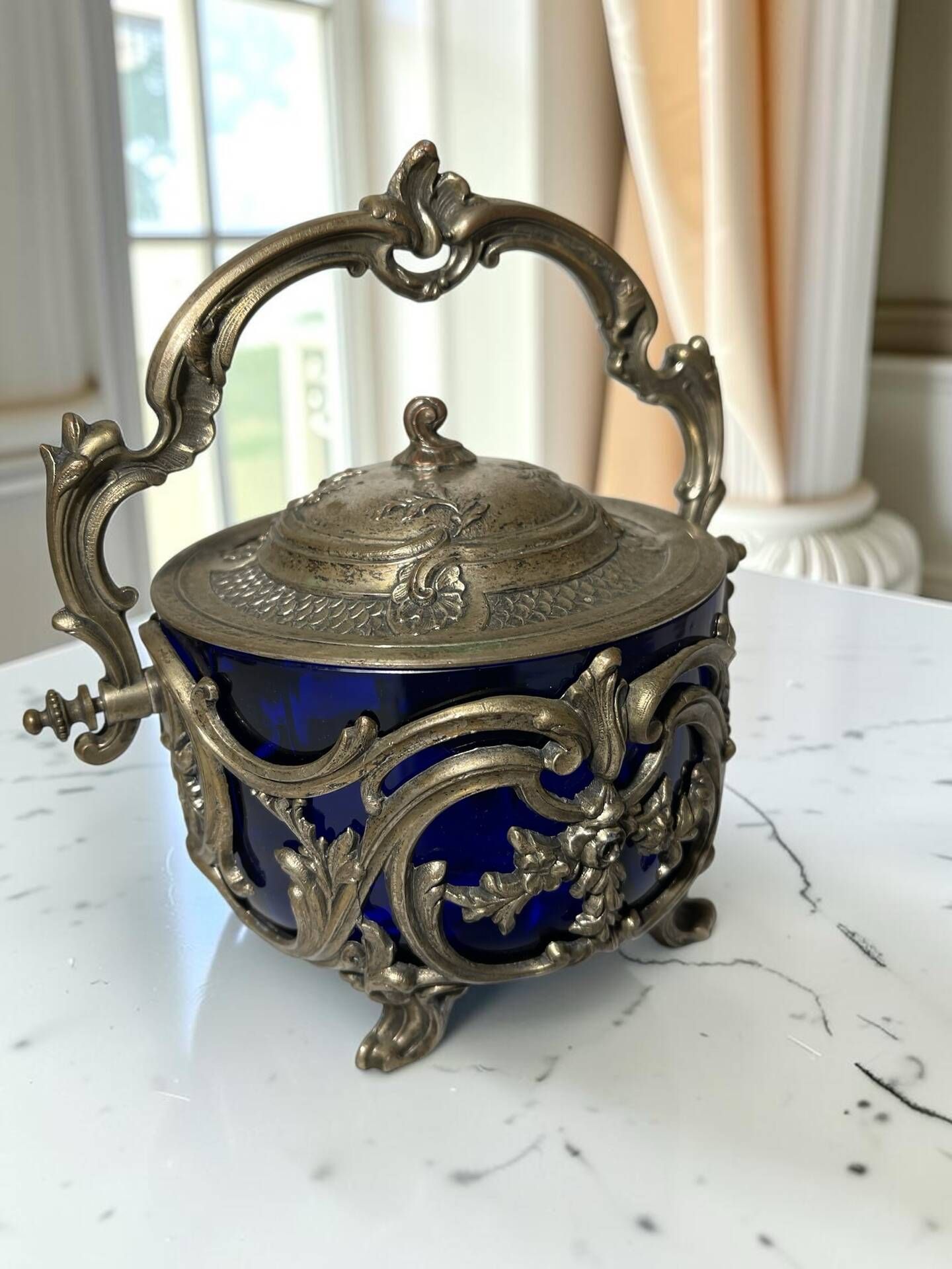 Antique cobalt blue glass biscuit barrel with ornate metal – Louis style