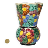 Multicolored Vallauris vase in polychrome earthenware with bas-relief decoration of colored flowers