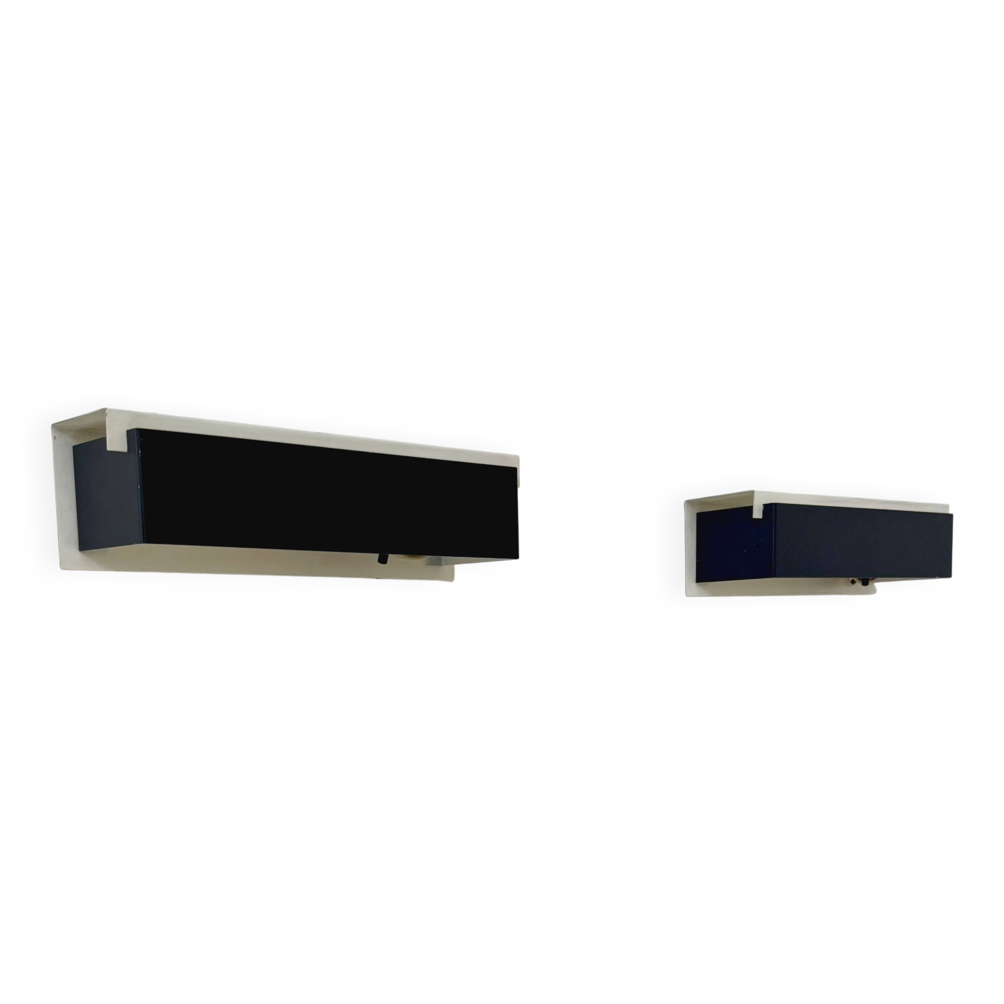 Pair of vintage wall sconces, painted black and white metal, Sweden 1970.