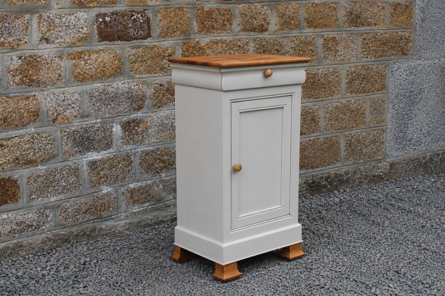 Renovated antique bedside table – Greige Galuchat, wooden top – houseboat style